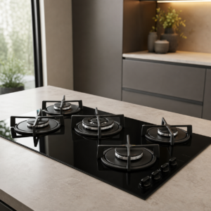 Home 2041 Cooktop preto de cinco bocas sobre bancada de cozinha contemporânea