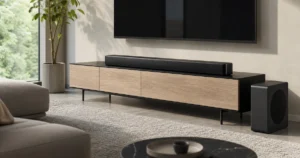 Home 1303 Soundbar ultrarrealista em sala moderna com subwoofer sem fio