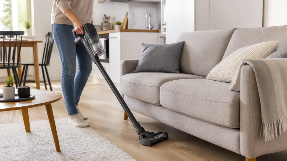 Aspirador com ou sem fio: qual combina melhor com a rotina da casa? 1 Pessoa usando aspirador sem fio para limpeza rápida ao redor do sofá