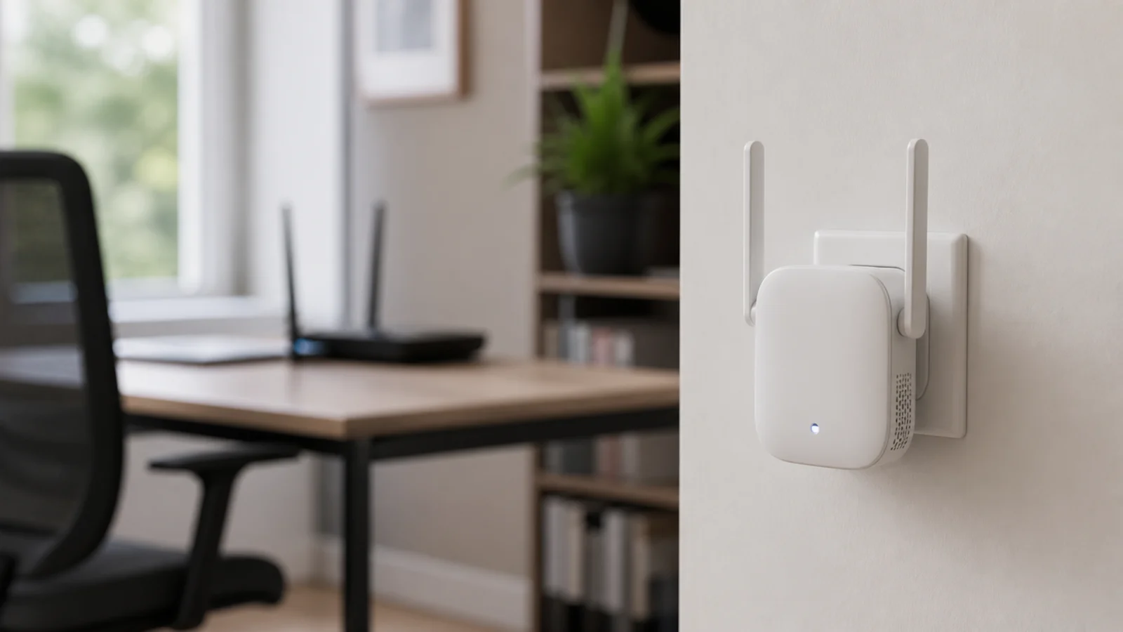 Repetidor Wi-Fi em uma tomada de escritório moderno