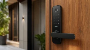 Home 2181 Fechadura digital inteligente instalada em porta residencial
