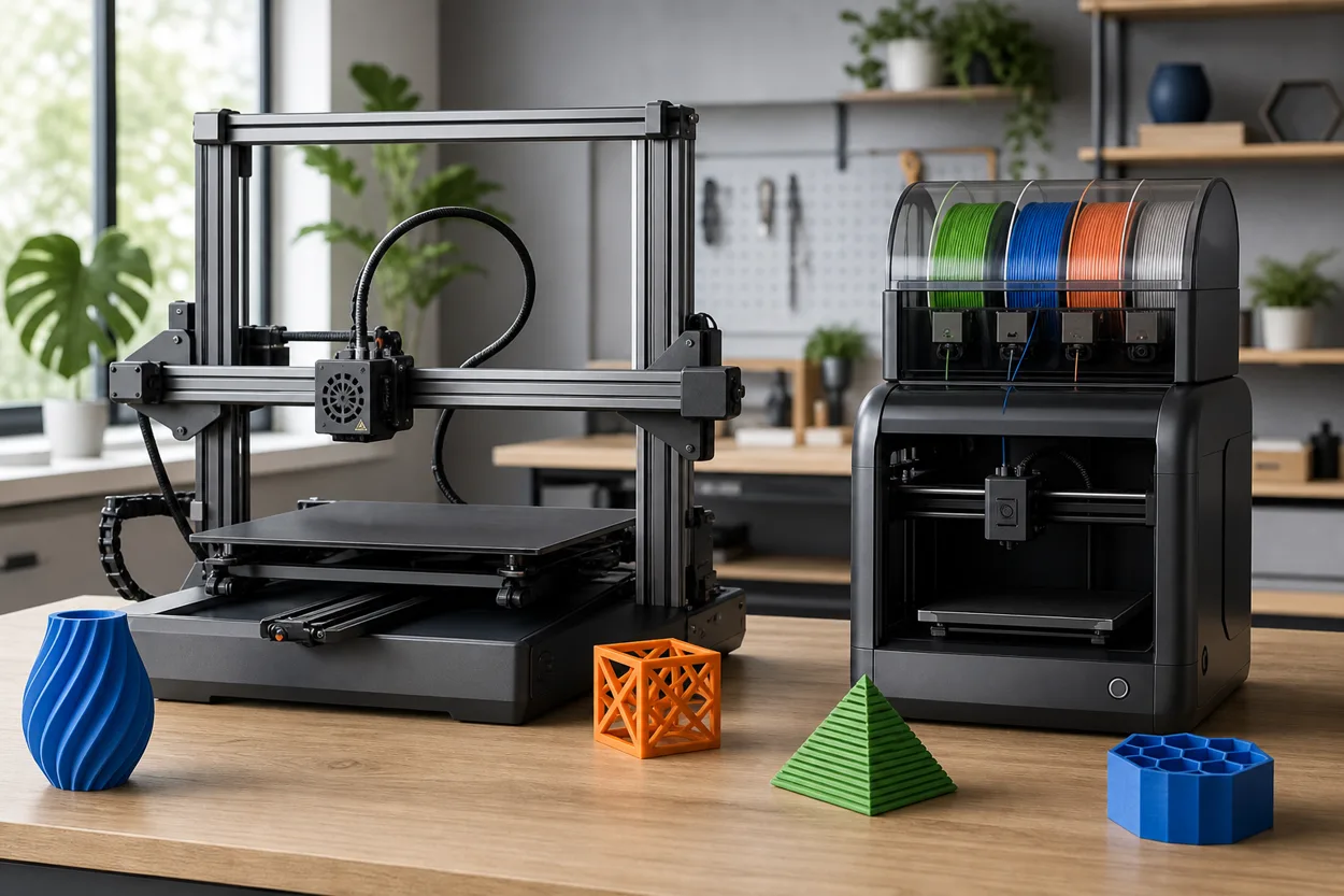 Duas impressoras 3D em uma bancada de criação
