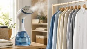 6 melhores espremedores de laranja em 2026 19 Vaporizador portátil ao lado de roupas em cabides