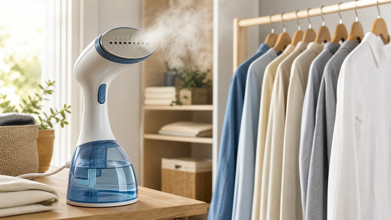 Vaporizador portátil ao lado de roupas em cabides